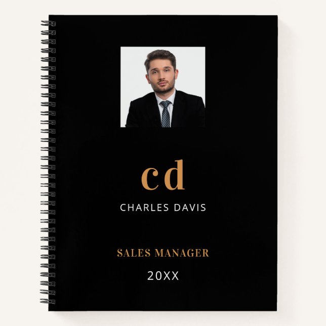 Black gold name initials photo business notebook (Front)