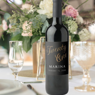 Black gold name script 21st birthday wine label