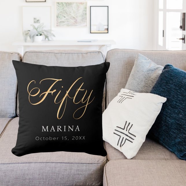 Black gold name script 50th birthday cushion (Creator Uploaded)