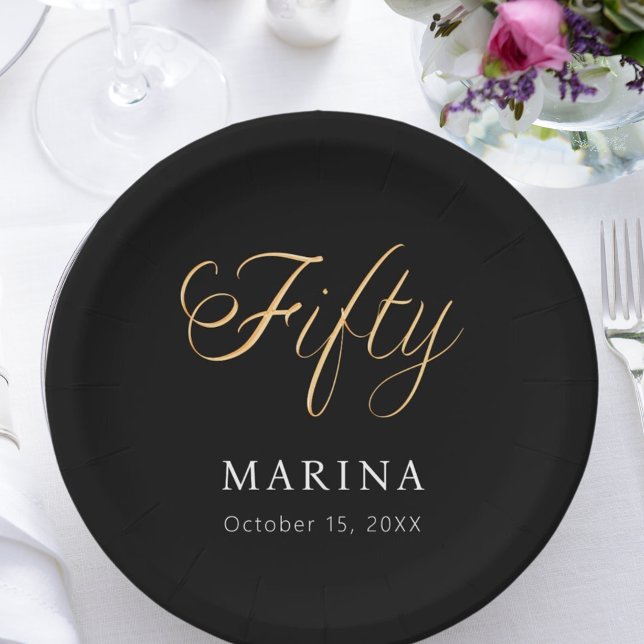 Black gold name script 50th birthday paper plate (Creator Uploaded)