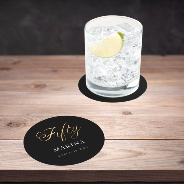 Black gold name script 50th birthday round paper coaster (Creator Uploaded)