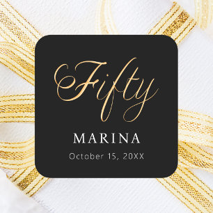 Black gold name script 50th birthday square sticker