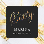 Black gold name script 60th birthday square sticker<br><div class="desc">Black background. Sixty written with a faux gold script.  Personalise and add a name and date.  White text.</div>