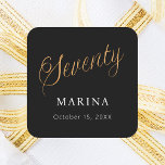 Black gold name script 70th birthday square sticker<br><div class="desc">Black background. Seventy is written with a faux gold script.  Personalise and add a name and date.  White text.</div>