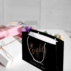 Black gold name script 80th birthday large gift bag
