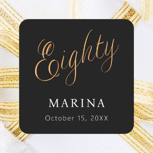 Black gold name script 80th birthday square sticker