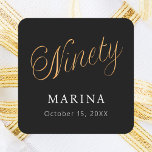 Black gold name script 90th birthday square sticker<br><div class="desc">Black background. Ninety is written with a faux gold script.  Personalise and add a name and date.  White text.</div>