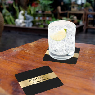 Black gold name script birthday square paper coaster