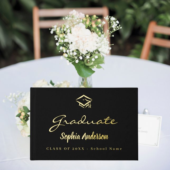 Black gold name script cap Graduation Guest Book (Creator Uploaded)