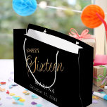 Black gold name script Sweet 16 Large Gift Bag<br><div class="desc">Black background. Sixteen written with a faux gold script.  Personalise and add a name and date.</div>