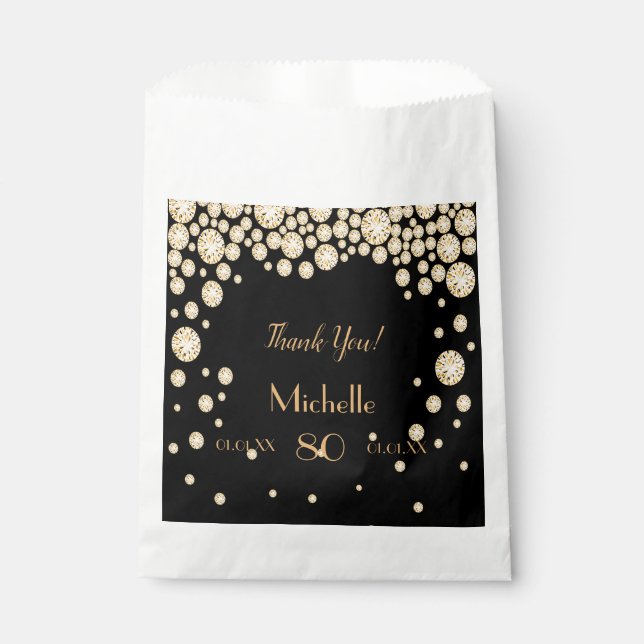 Black gold name thank you 80th birthday favour bags (Front)