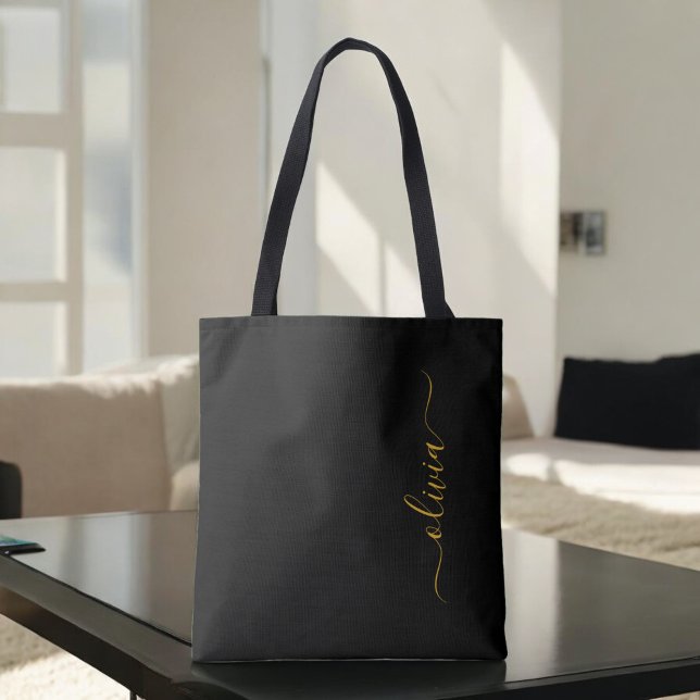 Black Gold Name White Girly Script Monogram Modern Tote Bag (Creator Uploaded)