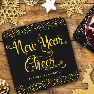 Black Gold New Year Cheer Snowflakes Confetti Name Coaster