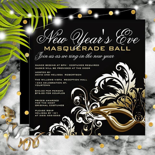 Black/Gold New Years Eve Masquerade Ball Invitation (Creator Uploaded)