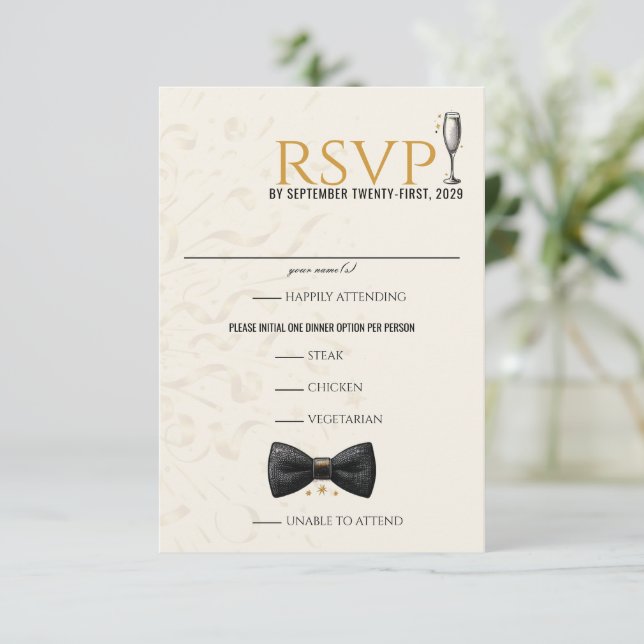Black & Gold New Years Eve Wedding RSVP Card (Standing Front)