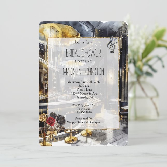 Black Gold Night Club Floral Bridal Shower Invitation (Standing Front)