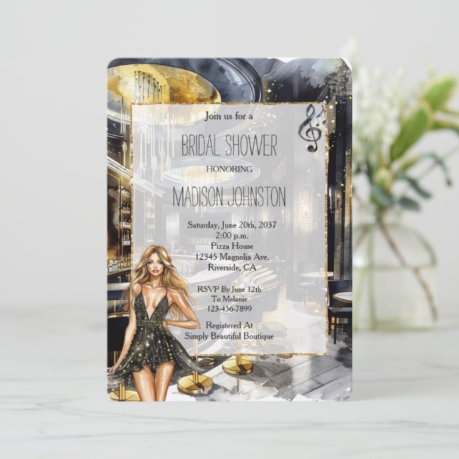 Black Gold Night Club Girl in Dress Bridal Shower Invitation (Standing Front)