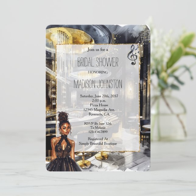 Black Gold Night Club Girl in Dress Bridal Shower Invitation (Standing Front)