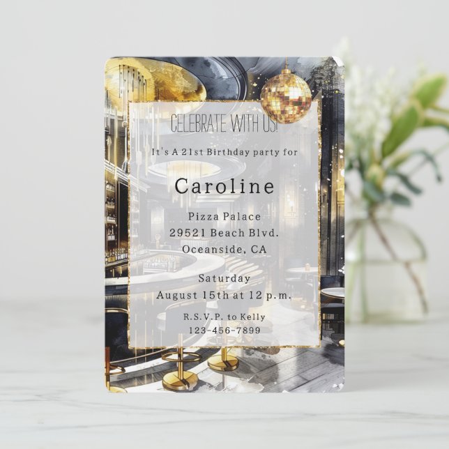 Black Gold Night Club Party Disco Ball Birthday   Invitation (Standing Front)