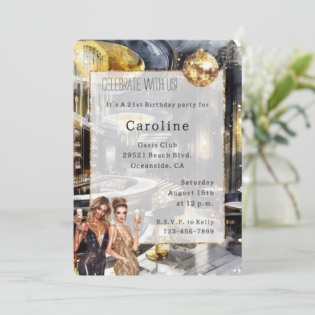 Black Gold Night Club Party Girls Disco Birthday   Invitation (Standing Front)