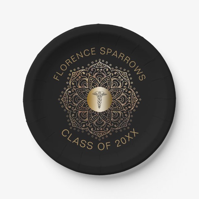 Black Gold Nurse Graduation Caduceus Symbol Paper Plate (Front)
