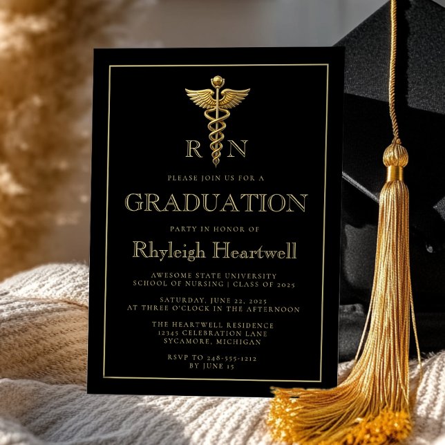 Black Gold Nurse RN Graduation Party Invitation (Creator Uploaded)