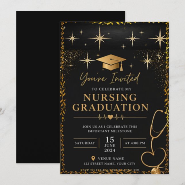 Black Gold Nursing Graduation Invitation Elegant M (Front/Back)
