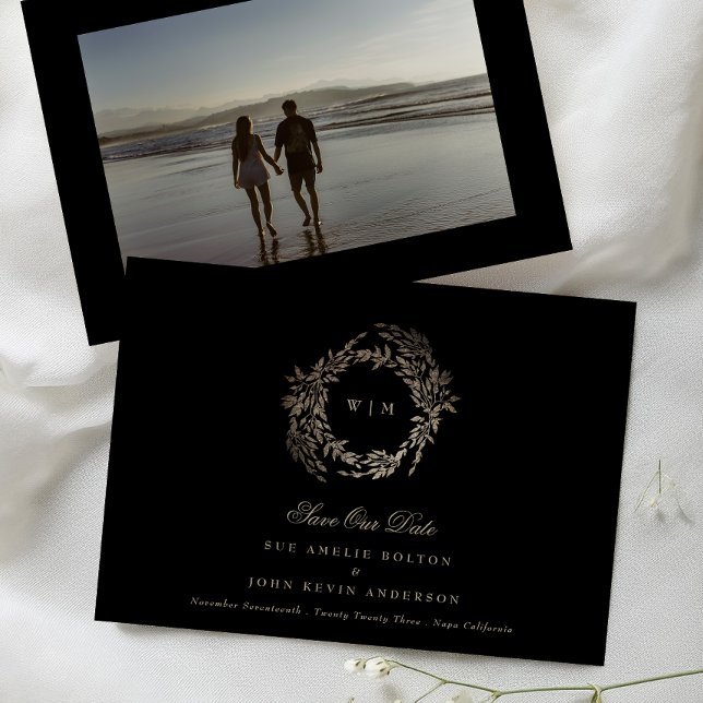 Black Gold on Ebony Botanical Monogram Wedding Save The Date (Creator Uploaded)