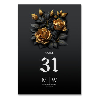 Black Gold Orange Roses Gothic Monogram Wedding Table Number