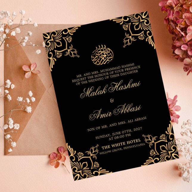 Black Gold Oriental Design Islamic Muslim Wedding Invitation (Creator Uploaded)