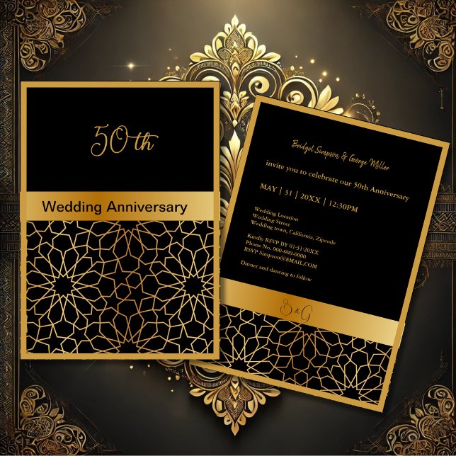 black gold ornament 50th wedding anniversary card (Creator Uploaded)