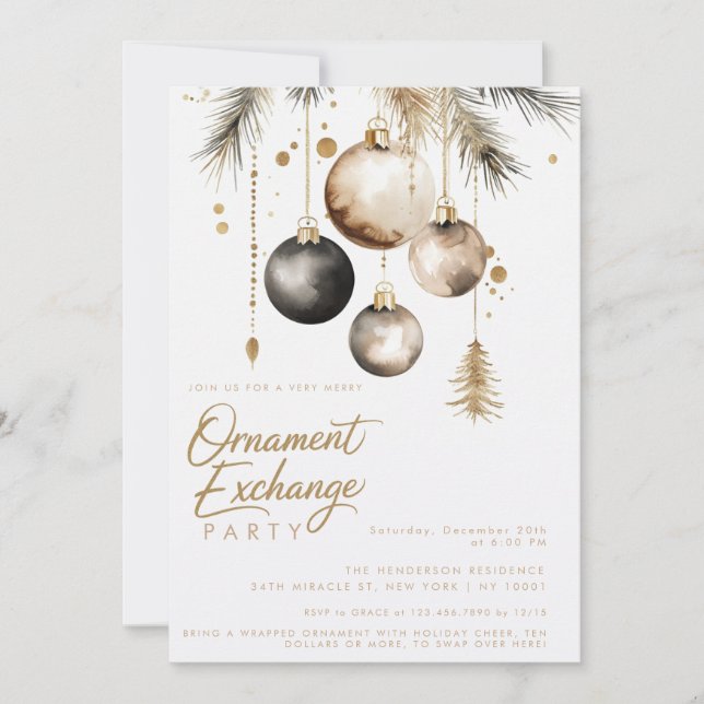 Black Gold Ornament Exchange Christmas Party Invitation (Front)