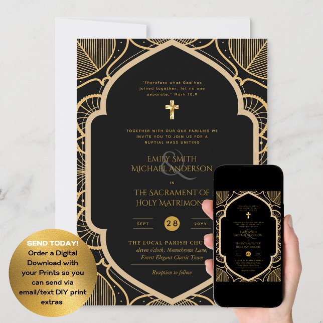 Black Gold Ornate Catholic Nuptial Mass Wedding Invitation (Creator Uploaded)