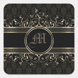 Black & Gold Ornate Gothic Monogrammed Square Sticker