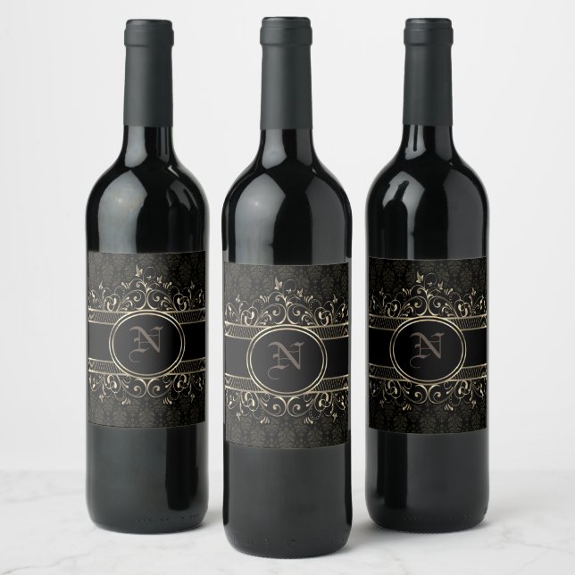 Black & Gold Ornate Gothic Monogrammed Wine Label (Bottles)