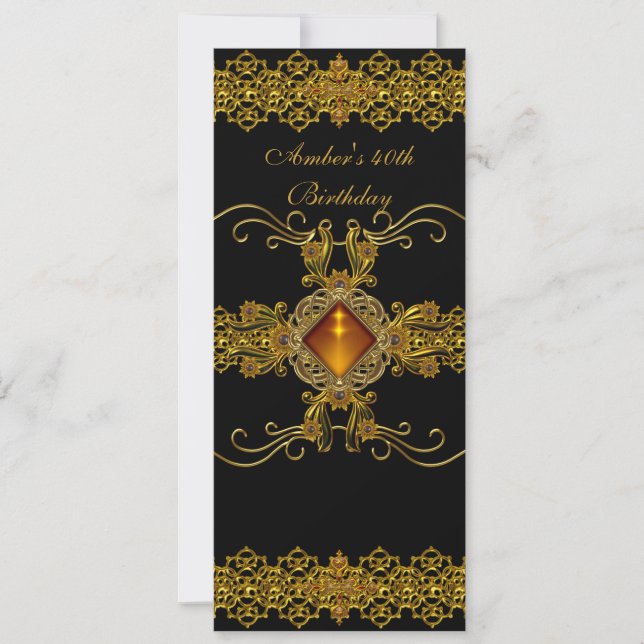 Black Gold Ornate Jewel 40th Birthday Party Invitation (Front)