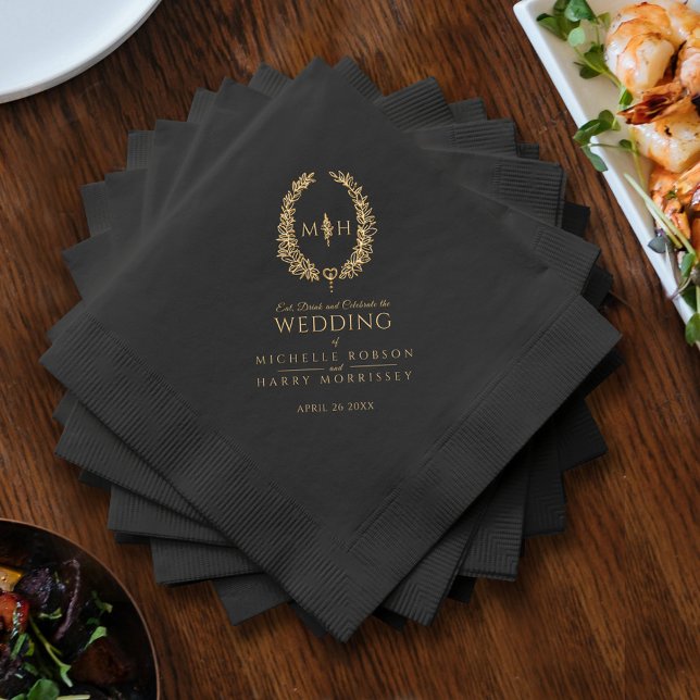 Black Gold oval leaves wedding monogrammed custom Foil Napkins (Creator Uploaded)