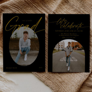 Black & Gold Oval Photo Modern Script Graduation Invitation