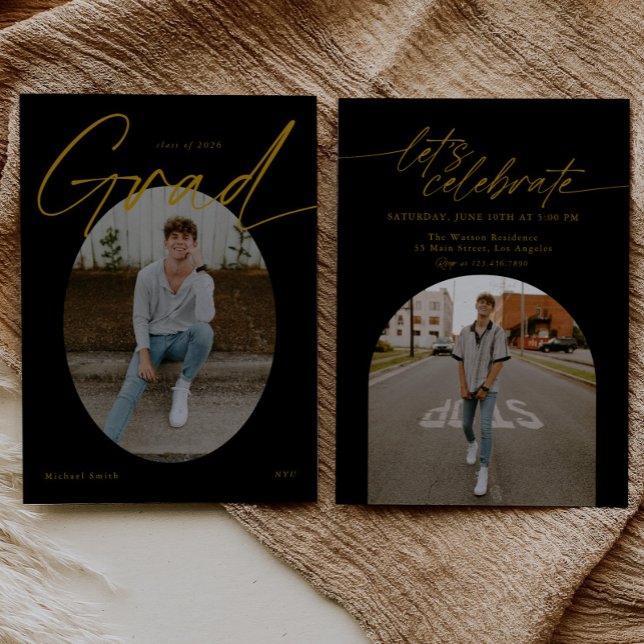Black & Gold Oval Photo Modern Script Graduation Invitation (Creator Uploaded)