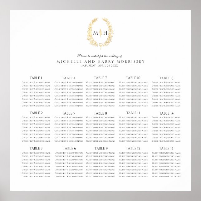 Black gold oval wedding 15 table seating chart (Front)