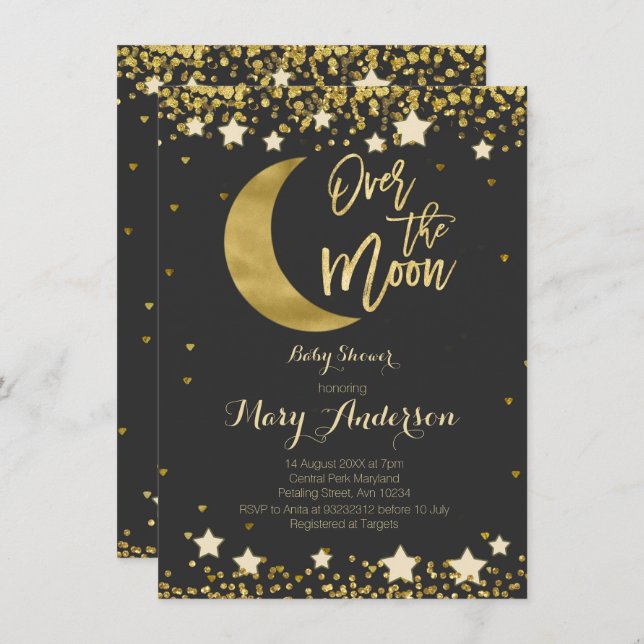 Black Gold Over the Moon Baby Shower Invitation (Front/Back)