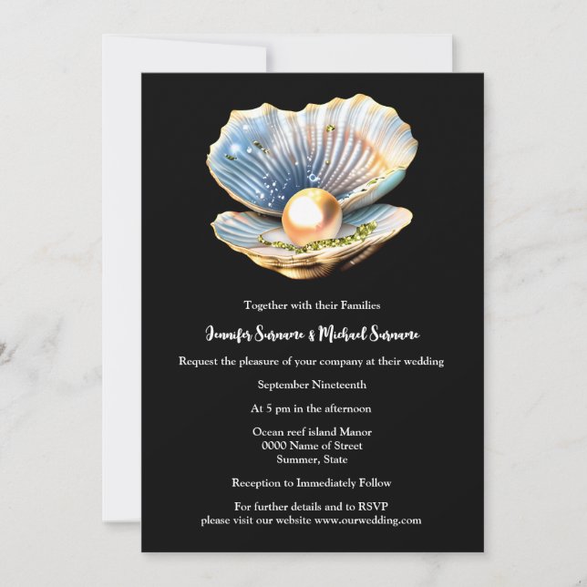 Black gold oyster shell pearl elegant beach ocean invitation (Front)