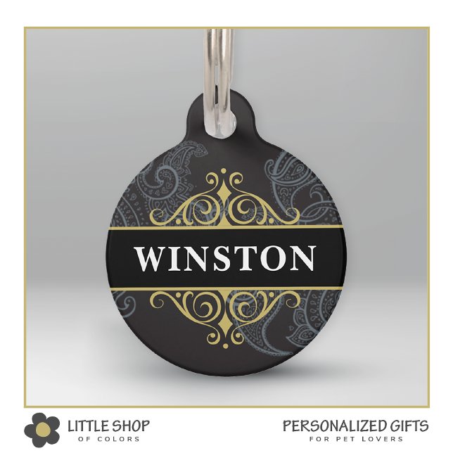 Black Gold Paisley Customised Pet Tag (Creator Uploaded)