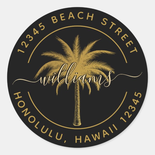 Black & Gold Palm Tree Return Address Classic Round Sticker (Front)