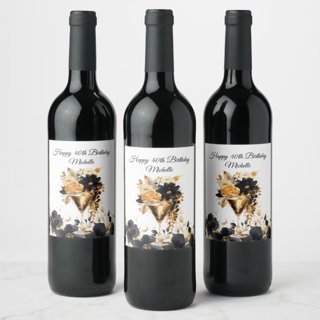 Black Gold Party Cocktails Drink Florals  Wine Label (Bottles)