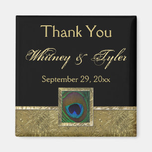 Black, Gold Peacock Feather Wedding Favour Magnet