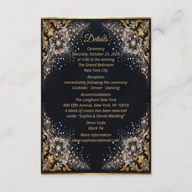 Black Gold Pearl Diamond Bow Luxury Formal Enclosure Card (Front)