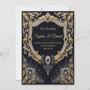 Black Gold Pearl Diamond Bow Luxury Formal Invitation