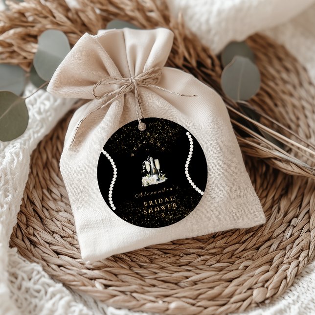 Black Gold Pearls And Prosecco Bridal Shower Classic Round Sticker (Creator Uploaded)
