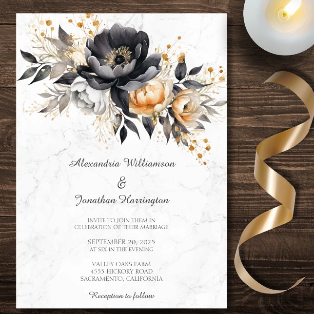 Black & Gold Peonies on Marble Wedding  Invitation (Creator Uploaded)
